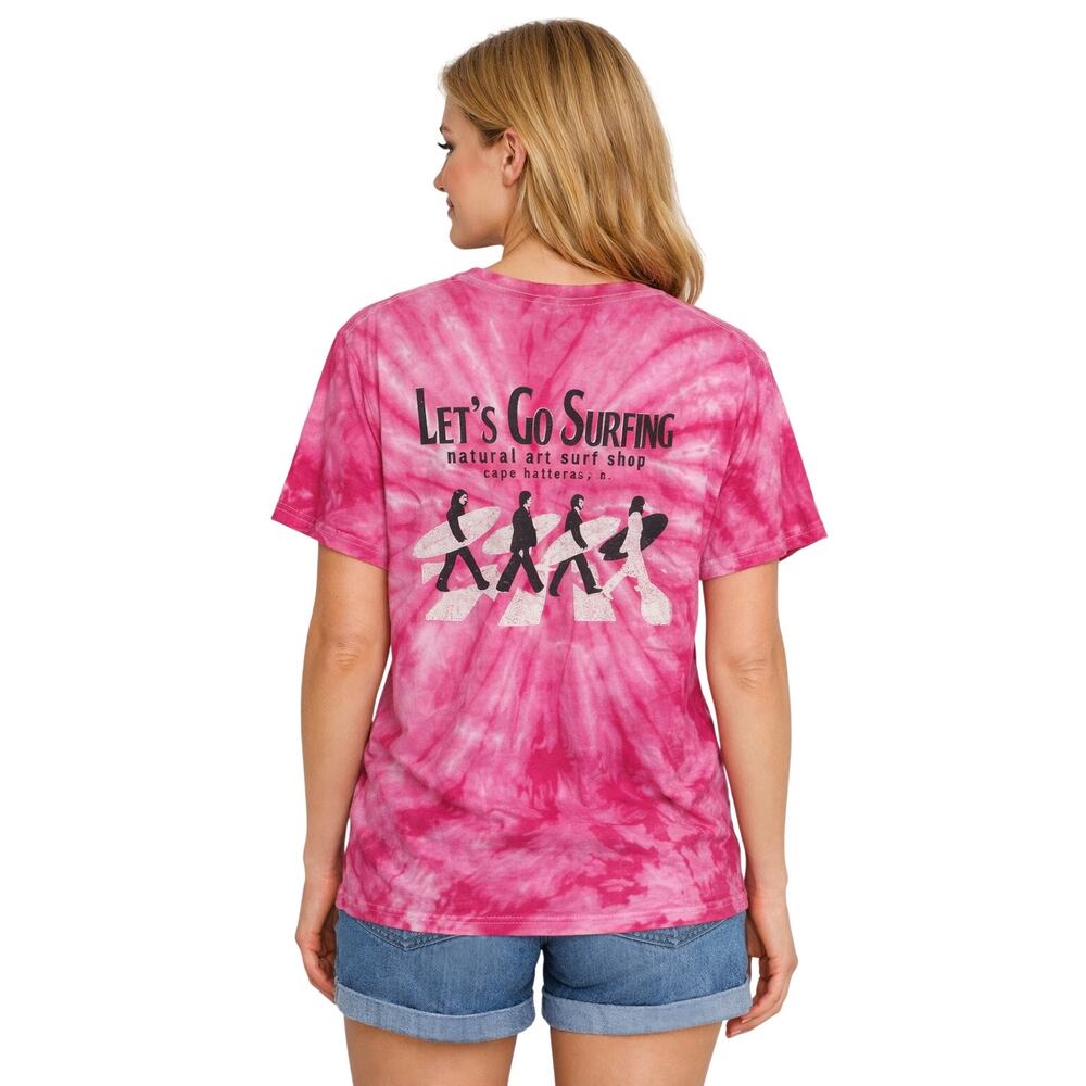 Let’s Go Surfing Pink Tie‑Dye Tee – Natural Art Surf Shop Cape Hatteras NC